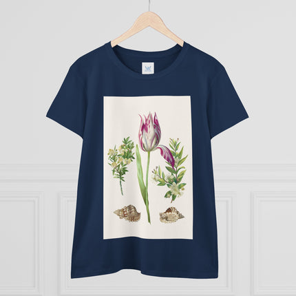 Tulip flower with Two Branches of Myrtle and Shells Cotton Tee