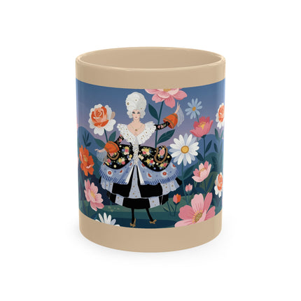 🌸🎭 The Lady Of The Floral Masquerade Garden Ceramic Mug – Art Deco Fashion Whimsy