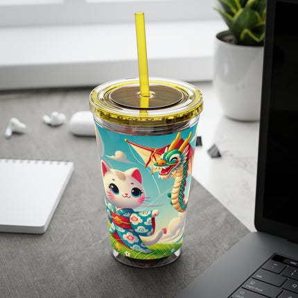 Geisha Kitten and the Dragon Kite Sunsplash Tumbler with Straw, 16oz