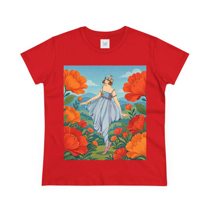 🌺🩵 The Poppy Hill Promenade Cotton Tee – Art Deco Fashion Whimsy