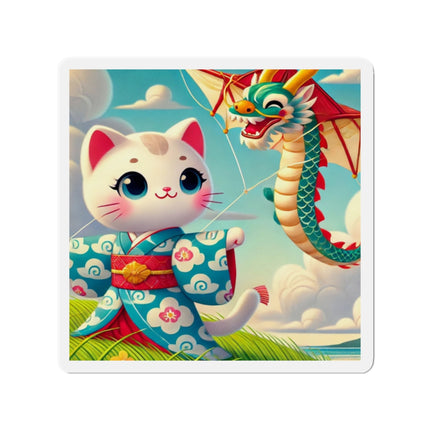 Geisha Kitten and the Dragon Kite Die-Cut Magnets (5 Sizes)