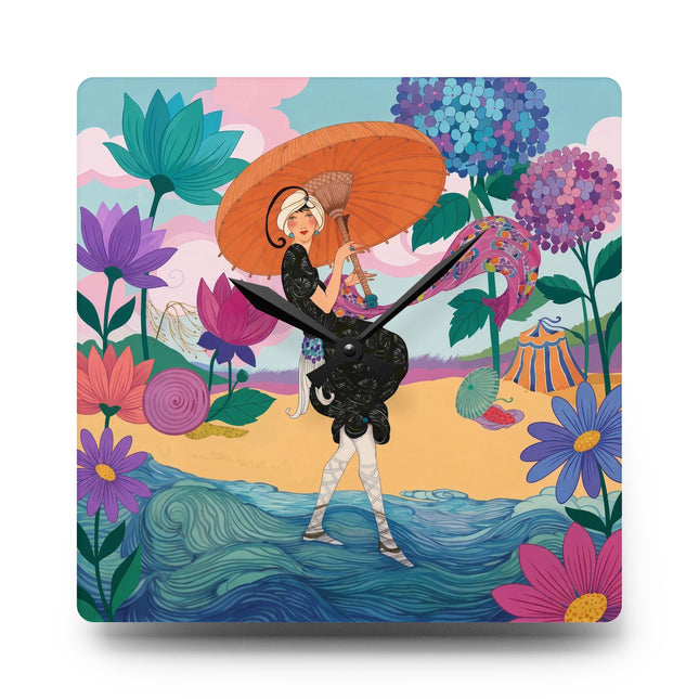 🌸☂️ The Lady Of The Painted Parasol Acrylic Wall Clock – Art Deco Floral Seaside Elegance
