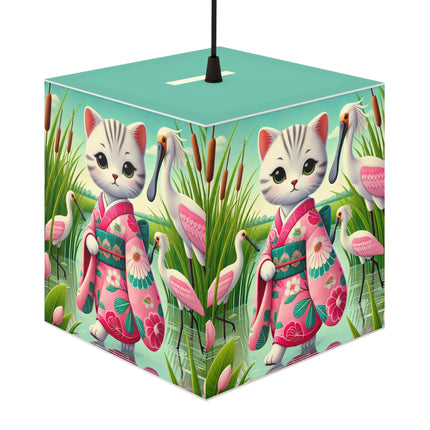 🌸🦩 Geisha Kitten Strolls Among the Spoonbills Light Cube Lamp – Serene Grace & Marshland Wonder