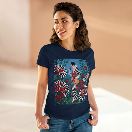 ❤️🌹 The Scarlet Striped Garden Cotton Tee – Art Deco Fashion Illustration