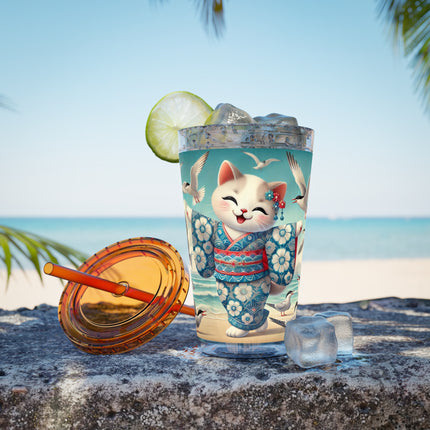 Geisha Kitten by the Seaside Sunsplash Tumbler with Straw, 16oz