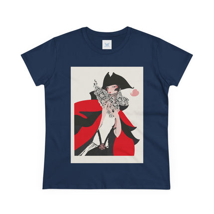 Crimson Masquerade Women's Midweight Cotton Tee – Dramatic Elegance & Art Deco Mystery