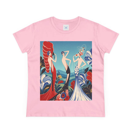 🌹🎭 The Three Ladies Of The Floral Promenade Cotton Tee – Art Deco Fashion Elegance