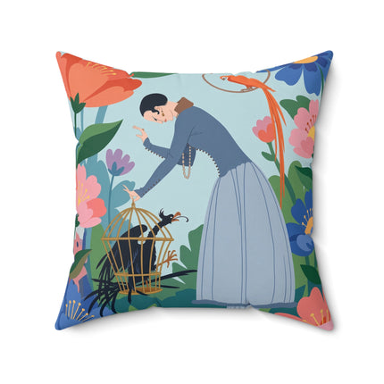🦜🌺 The Lady Of The Garden Aviary Square Pillow – Art Deco Floral Whimsy