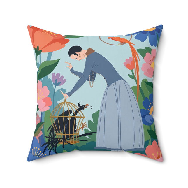 🦜🌺 The Lady Of The Garden Aviary Square Pillow – Art Deco Floral Whimsy