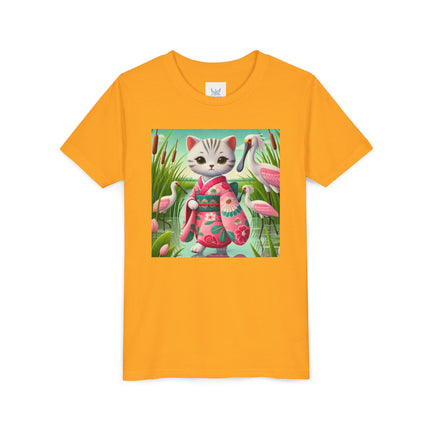 Geisha Kitten Strolls Among the Spoonbills Youth Short Sleeve Tee