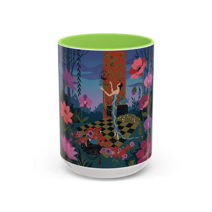 The Lady And The Midnight Birdcage Colorful Mugs – Art Deco Botanical Elegance