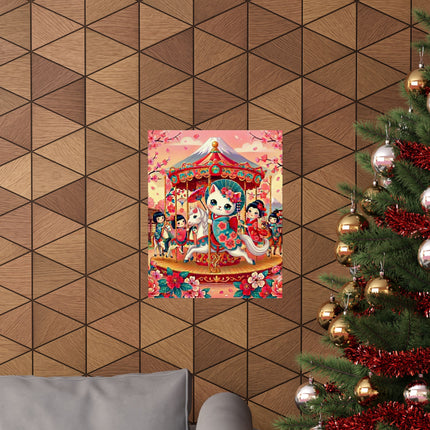 🎠🌸 Geisha Kitten's Enchanted Carousel Ride Matte Vertical Poster – Whimsical Dreams & Cherry Blossom Magic