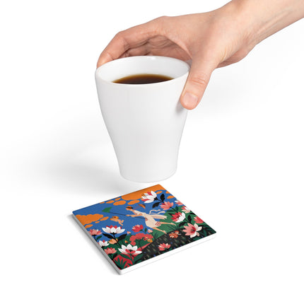 🪁🌺 The Lady Of The Flying Garden Ceramic Coaster – Art Deco Floral Fantasy