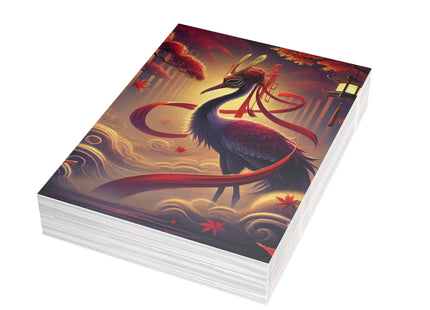 Regal Crimson Crane in the Autumn Mist Postcards (envelopes included) - Bundles of 10, 30, 50 Pieces