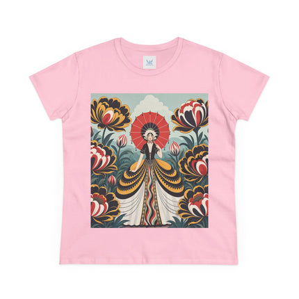 ❤️🌺 The Scarlet Parasol Garden Cotton Tee – Art Deco Floral Elegance
