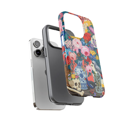 Floral Vanitas Phone Case – Parrot & Porcelain Splendor