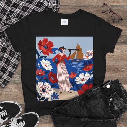⚓🌺 The Seaside Flower Adventurer Cotton Tee – Art Deco Nautical Fashion