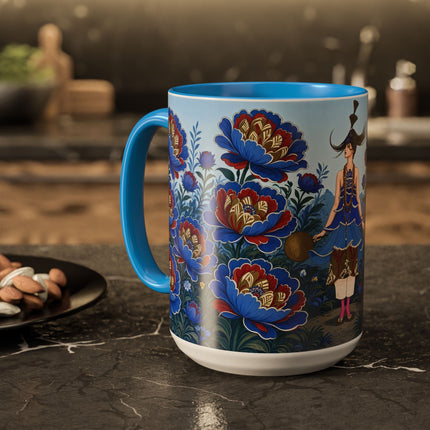 💙🌺 The Sapphire Blossom Garden Dancer Colorful Mug – Art Deco Fashion Fantasy