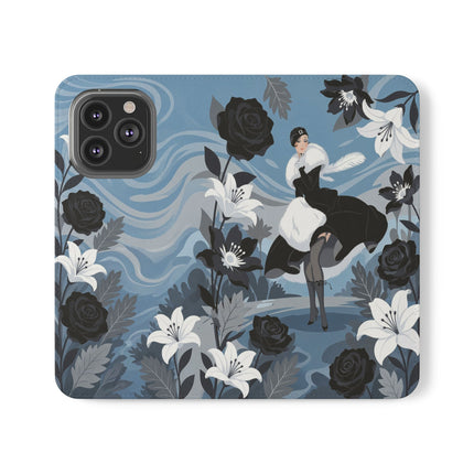 🖤🤍 The Lady Of The Black Rose Garden Flip Case – Art Deco Floral Elegance