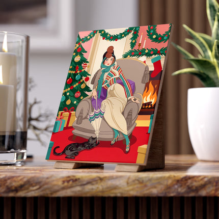 🔥🐈‍⬛ The Lady Of The Christmas Hearth Ceramic Tile – Art Deco Holiday Warmth