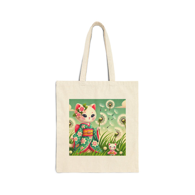 Geisha Kitten and the Dandelion Wish Cotton Canvas Tote Bag
