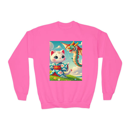 Geisha Kitten and the Dragon Kite Youth Crewneck Sweatshirt – Freedom, Motion & Playful Spirit