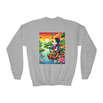 Sailor Kitten’s River Adventure Youth Crewneck Sweatshirt – Exploration, Joy & Storybook Adventure