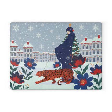 🐆❄️ The Lady And The Christmas Leopard Glass Cutting Board – Art Deco Winter Fantasy
