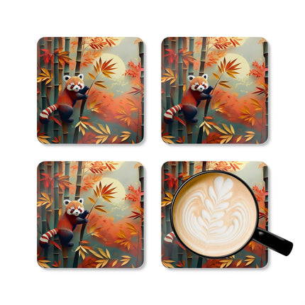 Red Panda at an Autumn Bamboo Grove Corkwood Coaster Set