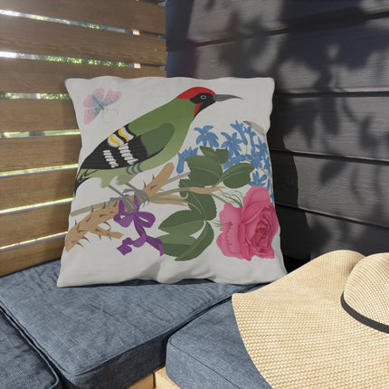 Woodpecker & Rose Outdoor Pillows – Vibrant Nature & Timeless Charm