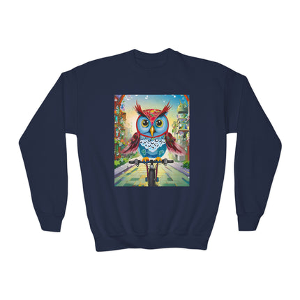 Cycling Owl Youth Crewneck Sweatshirt – Urban Adventure & Playful Motion