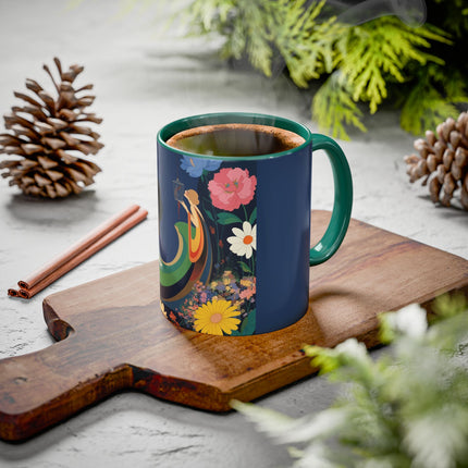 The Lady And The Crimson Moonbird Colorful Mugs – Art Deco Whimsical Garden Elegance