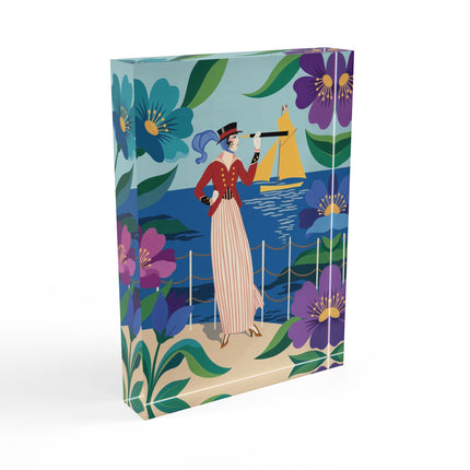 🌊🔭 The Lady Of The Seaside Lookout Acrylic Art Block – Art Deco Nautical Whimsy