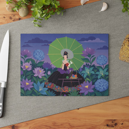 🧶🌸 The Lady Of The Lotus Threads Glass Cutting Board – Art Deco Floral Sewing Elegance