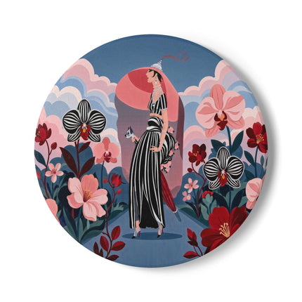 🌸🖤 The Striped Orchid Promenade Ceramic Coaster – Art Deco Floral Fashion