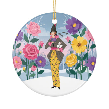 🐇🌸 The Lady With The White Rabbit Ceramic Ornament – Art Deco Floral Whimsy