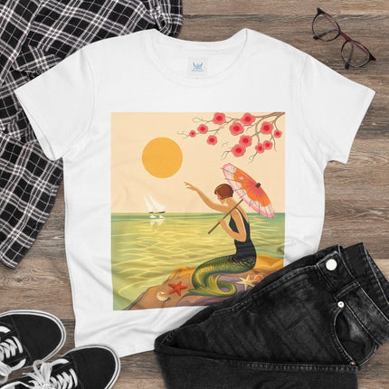 🧜‍♀️🌸 The Mermaid Beneath The Blossoms Cotton Tee – Art Deco Seaside Fantasy