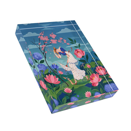 🌸☂️ The Lady Of The Falling Blossoms Acrylic Art Block – Art Deco Garden Whimsy