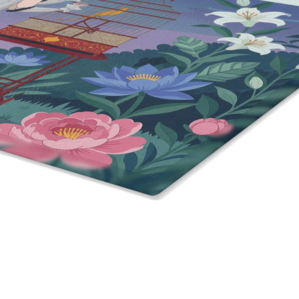 🐦🌸 The Lady Of The Golden Songbird Glass Cutting Board – Art Deco Floral Garden Elegance