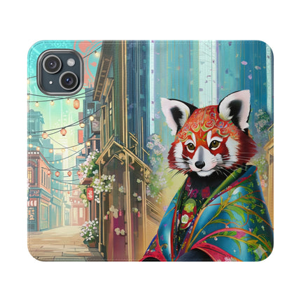 🦝✨ Cybernetic Red Panda Flip Case – Neon Charm & Futuristic Wonder