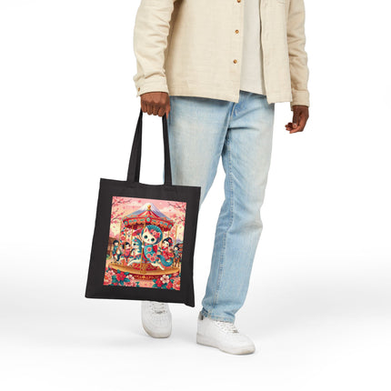 Geisha Kitten's Enchanted Carousel Ride Cotton Canvas Tote Bag – Whimsical Dreams & Cherry Blossom Magic