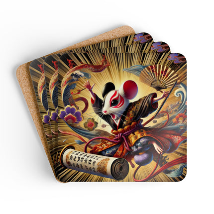 Theatrical Mouse on a Mission Corkwood Coaster Set