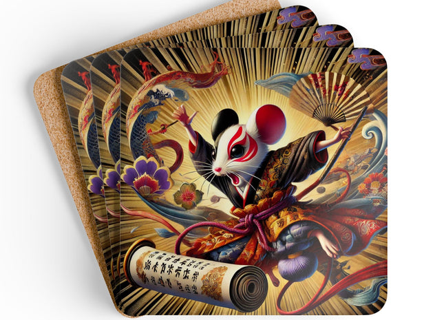 Theatrical Mouse on a Mission Corkwood Coaster Set