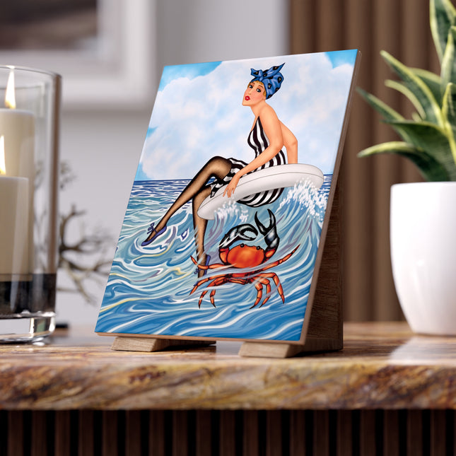 🦀🌊 The Seaside Crab Ride Ceramic Tile – Art Deco Beach Whimsy