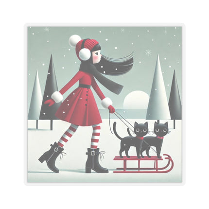 Red Sled & Curious Cats Kiss-Cut Stickers (4 Sizes)