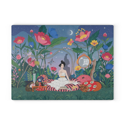🌙🌺 The Moonlit Garden Reverie Glass Cutting Board – Art Deco Floral Fantasy