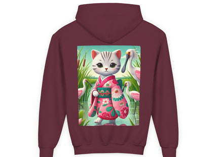 Geisha Kitten Strolls Among the Spoonbills Youth Heavy Blend Hooded Sweatshirt
