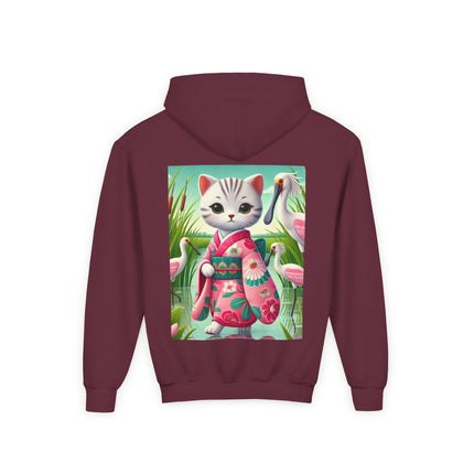 Geisha Kitten Strolls Among the Spoonbills Youth Hooded Sweatshirt – Graceful Nature & Whimsical Charm
