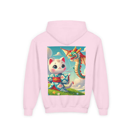 Geisha Kitten and the Dragon Kite Youth Hooded Sweatshirt – Bold Energy & Sky-High Adventure