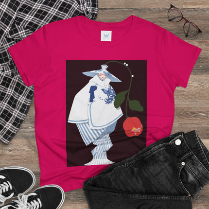 Blue & White Porcelain Geisha Women's Midweight Cotton Tee – Refined Elegance & Timeless Charm